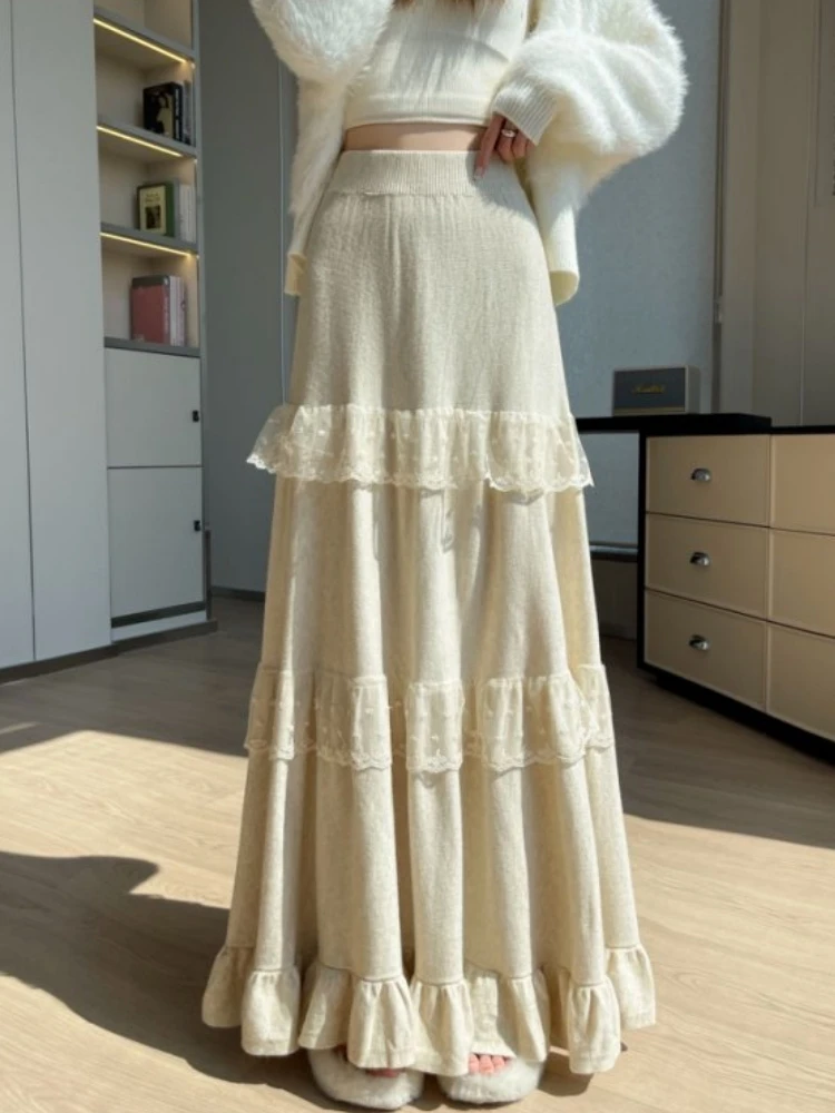 

Midi Long Skirt Womens Knitted Skirt 2025 Goth Lolita Autumn Winter High Waist High Low Layer Ruched Lace Ruffle Skirt rok