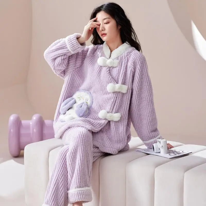 2024 New Large Size Autumn Winter Rabbit Design Feel Comfortable Casual Coral Velvet Pajamas Female Fairy Home Two-piece Set