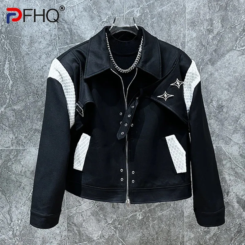 

PFHQ Niche Splicing Design Men's Loose Jacket Trendy Personalized Short 2024 Contrast Color Zipper Male Tops Fashion 21Z5593