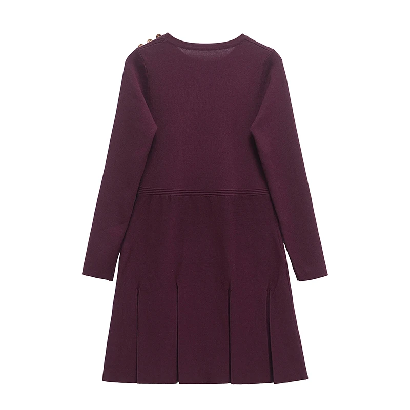 YENKYE Women Burgundy Hem Pleated Short Knit Dresses Long Sleeve O Neck With Pockets Autumn Winter Mini Dress Female Vestidos