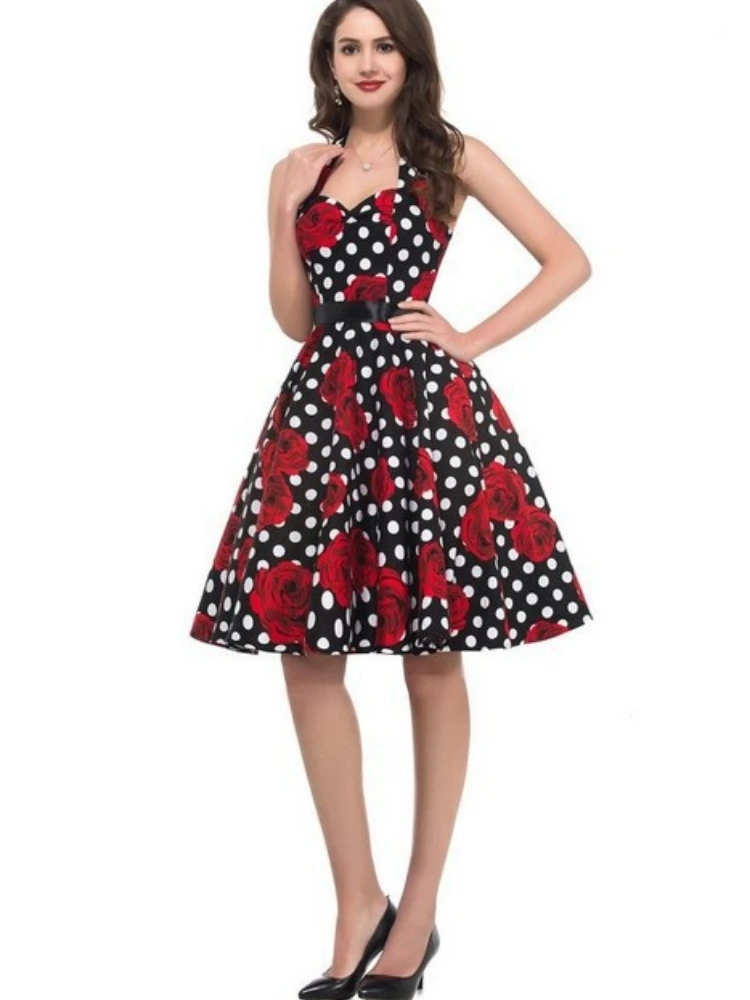 2026年新作 レディース 夏 ポルカドット ヴィンテージドレス パーティー オフィスレディー 1950年代 60年代 ロカビリー ビッグスイング ホルターネック 服 チュニック ワンピース