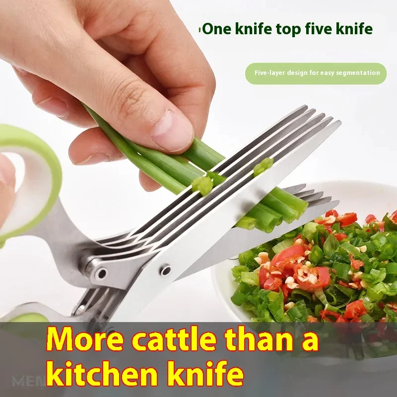 Multi-functional Stainless Steel 5 Layer Kitchen Scissors Pepper Shredded Chopped Scallion Cutter Laver Cut Cooking Tool