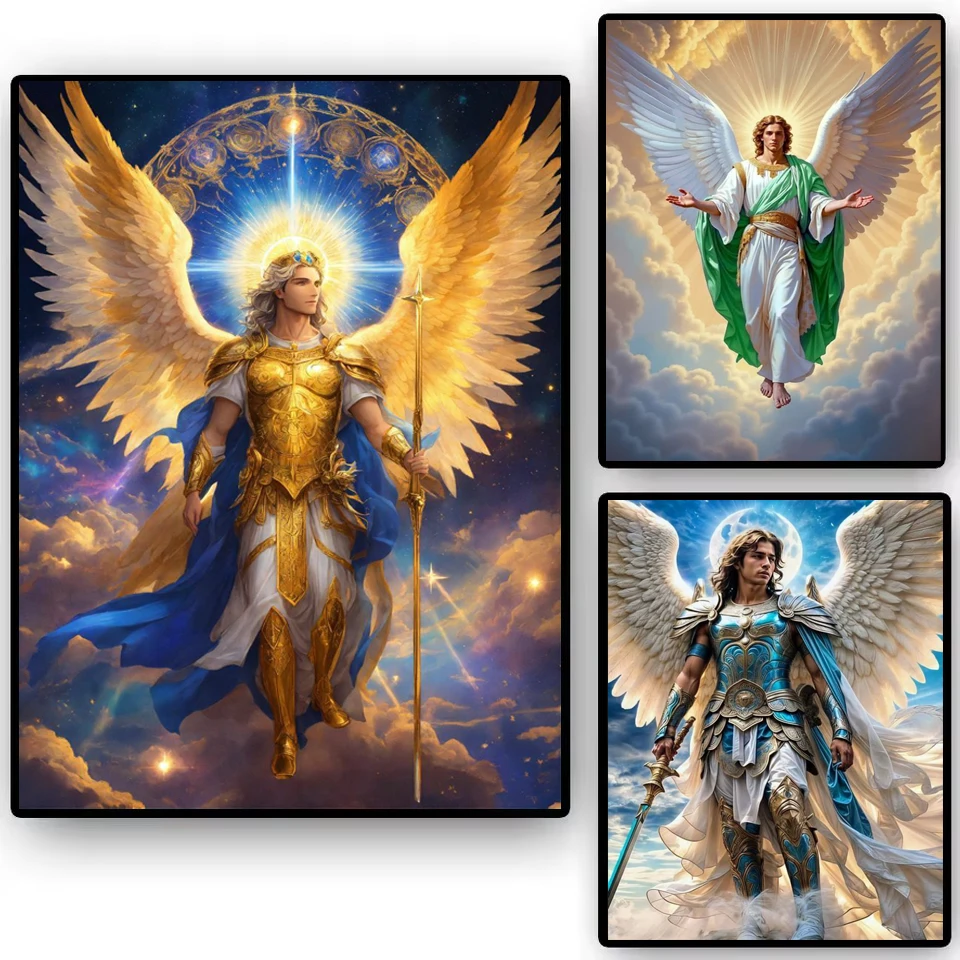 Tableau sur toile : Ange Guerrier Sacré, Grandes Ailes Dorées, Figure Masculine Celeste Blindée avec Halo Radiant, Lance, Épée et Nuage
