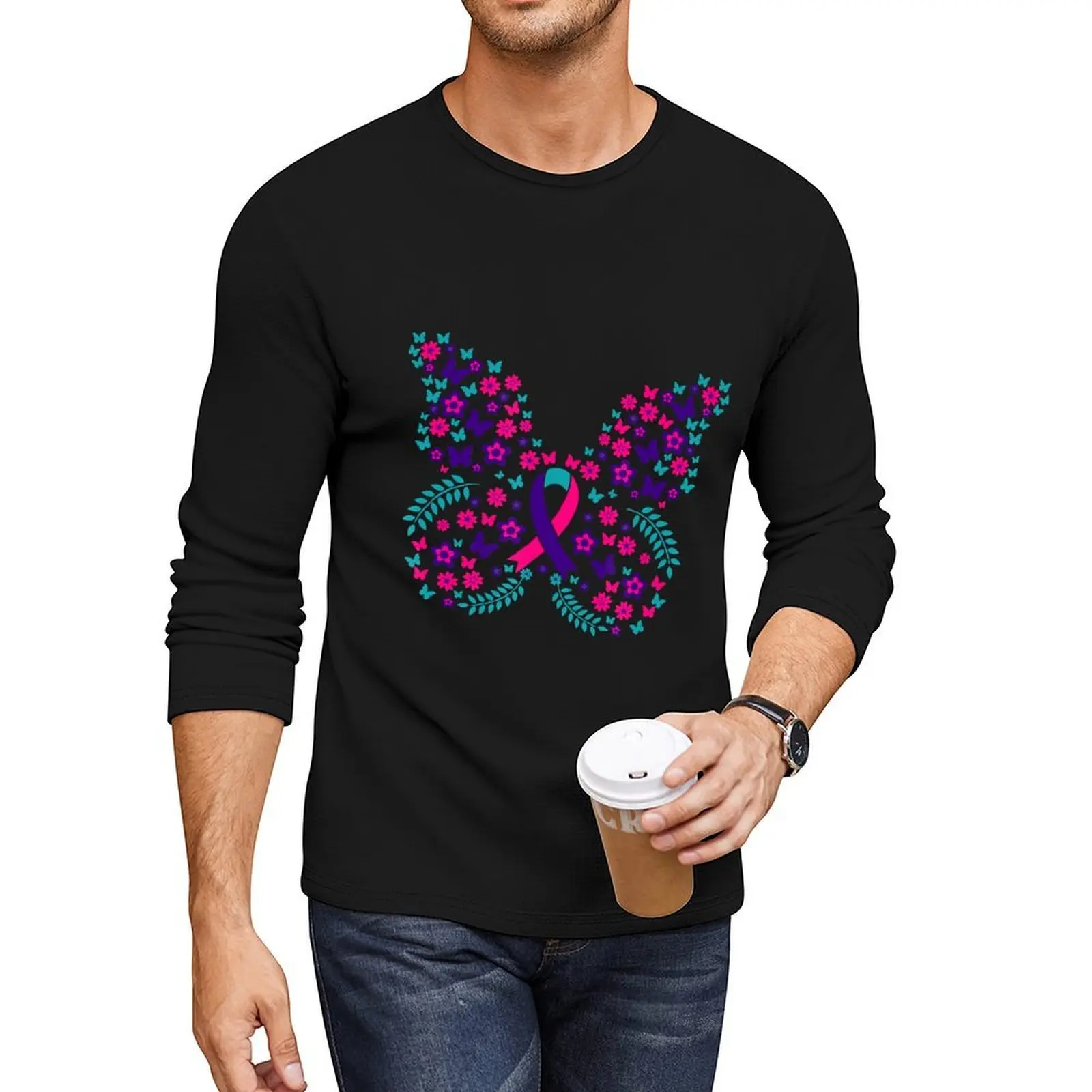 

Flower Butterfly Thyroid Cancer Awareness Ribbon Long T-Shirt tops custom t shirts mens graphic t-shirts
