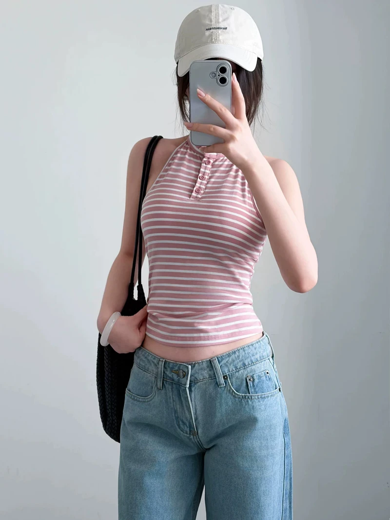 Women Striped High Neck Halter Tank Top, Sleeveless Slim Fit Camisole with Built-in Chest Pads