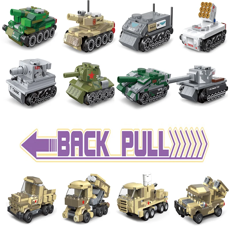 WW2 Military Pull Back Tank Model Car Building Block Rocket Launcher Truck Mini Vehicle Hand Assembled Car Detachable Black