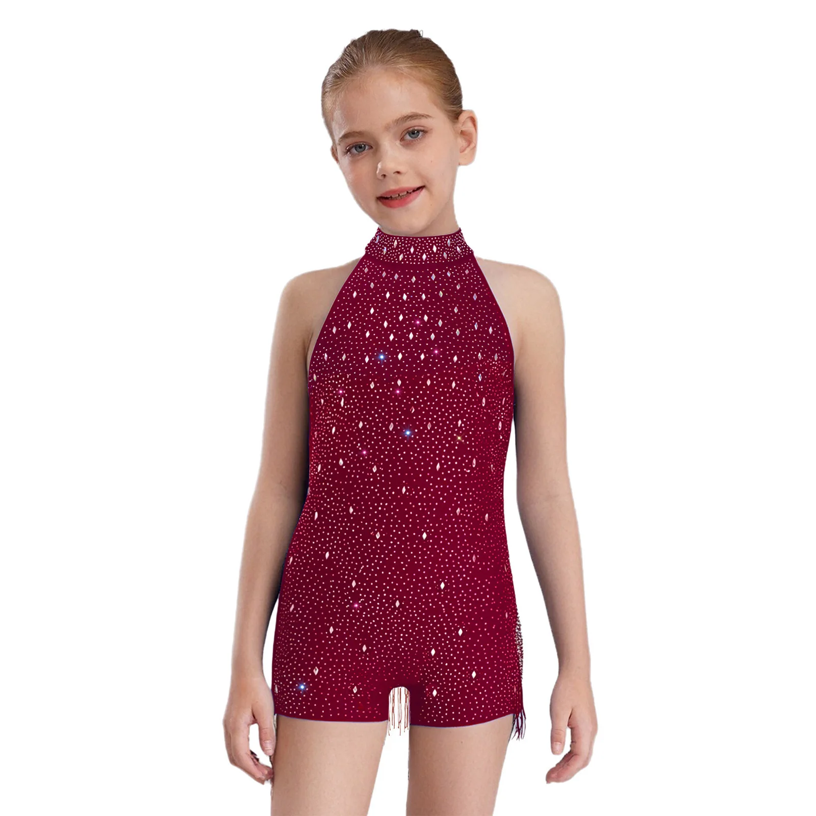 Mono con flecos para baile de Jazz latino para niñas, traje Halter sin mangas con espalda descubierta y diamantes de imitación brillantes para competición de puesta en escena