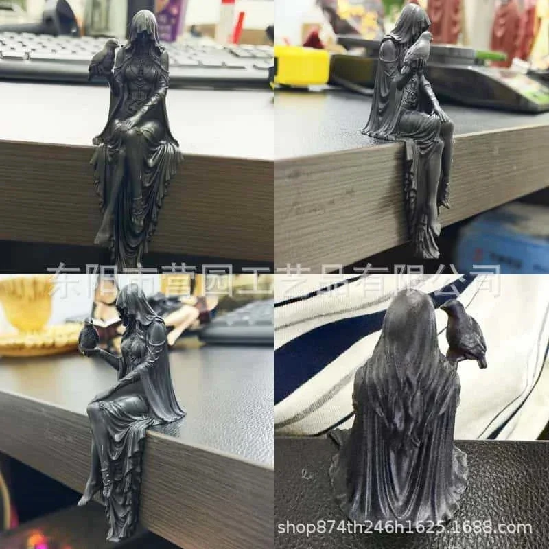 Gothic Raven Perched Sitting Statue Black Resin Sculpture For Fireplace Shelf Living Room Halloween Decor Gift For Goths
