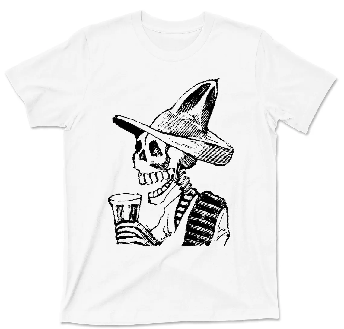 Skeleton Having Drink T Shirt Famous Mexican Revolution Artist Jose Guadalupe Posada Vignette Feast Dead Alcohol Artwork Graphic