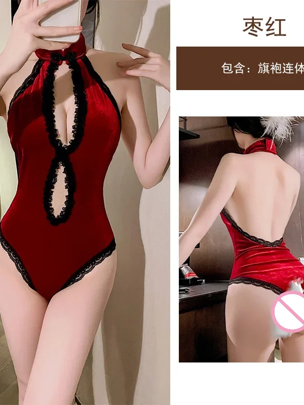 Sexy Lace Jumpsuit Jumpsuit Uniform Seductive Passionate  Women Rompers Clothing Body Suits Knit Top Red Sweet Korean Tops 7M8Y