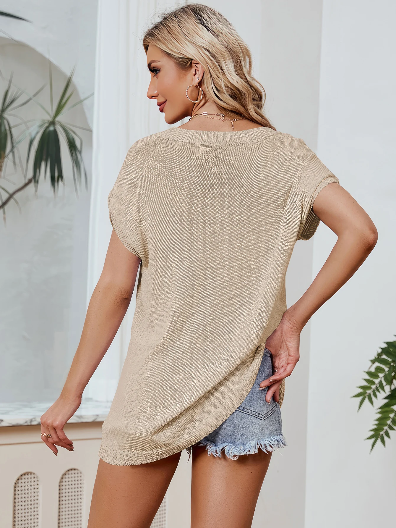 Women Dolman Short Sleeve Batwing Tunic Half Sleeve Oversized Casual Loose V Neck Knitted Sweater T Shirt