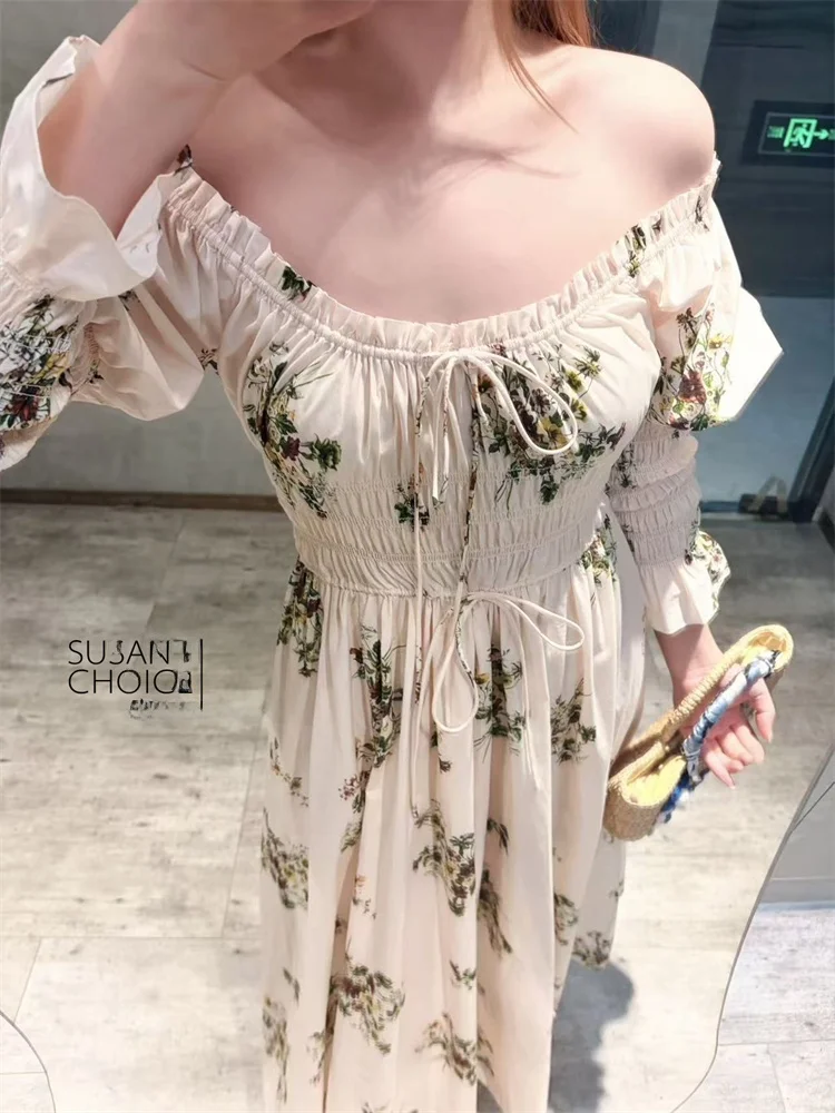 Vestido F de Manga Longa Estilo Campestre Susan, Cintura Elástica, Decote em U, Saia Floral de Conto de Fadas para Cam...