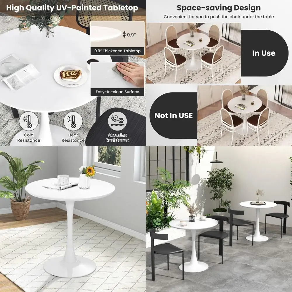 

Mid-Century Modern 32 Round Dining Table, White Tulip Style with Metal Base, Suitable for 2-4 People, Ideal for Home, Office, Ca