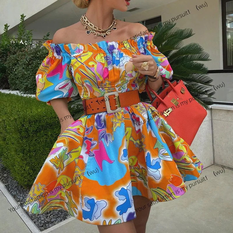 

ZOCI-FD633 Temperament Women's Fashion One-word Neck Printed Waist Dress