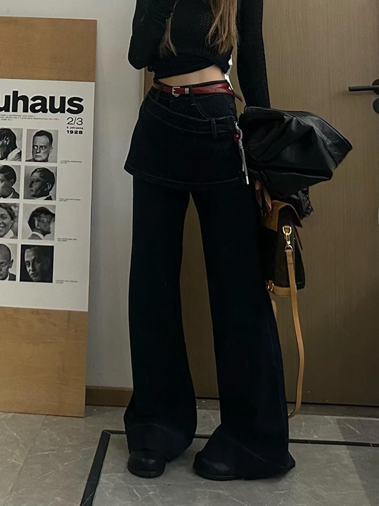 Retro American Splice Design Misaligned Curtain Pants Layered Skirt Women's Sexy False Two-Piece Slimming Bell Bottoms