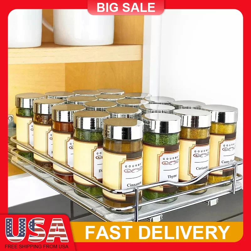 

Slide Out Spice Rack for Cabinet 8 Inch Pull Out Organizer Chrome Ball Bearing Glides Heavy Duty Kitchen Storage Easy Install
