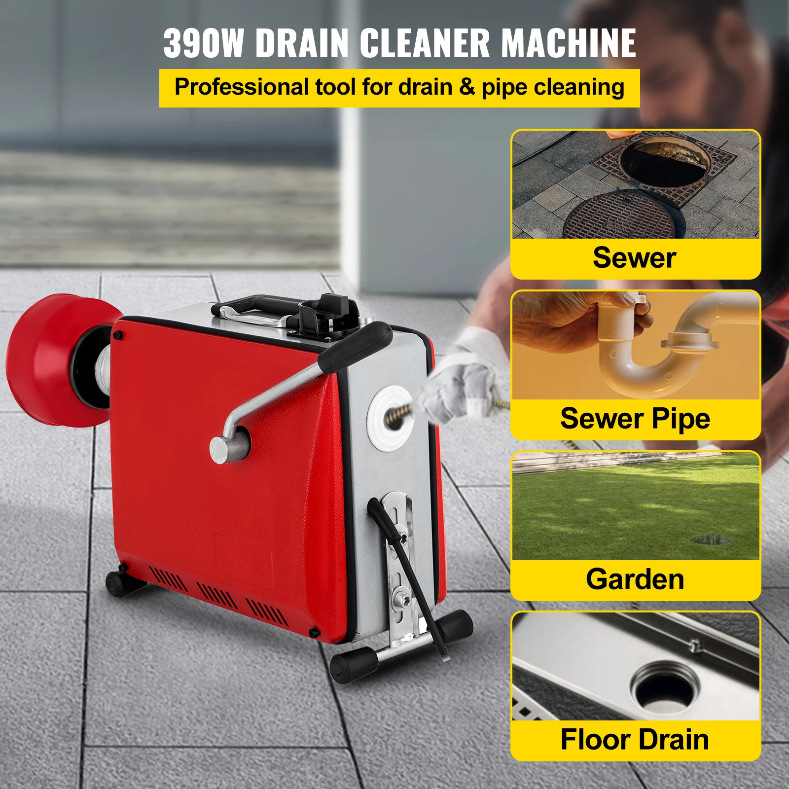 VEVOR GQ-100 Professional Dredge Machine 390W Electric Pipe Plunger Household Sewer Toilet Blockage Tube Unblocker Cleaning Tool