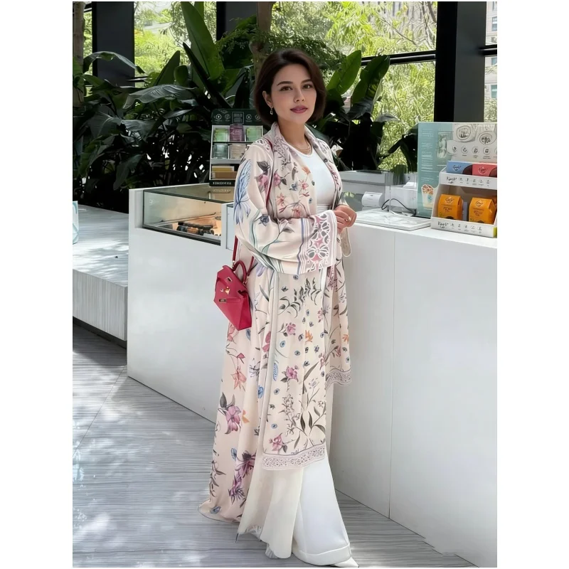 Fashion Printed Floral Blouse Long Robe Headscarf  Abaya Two Piece Set