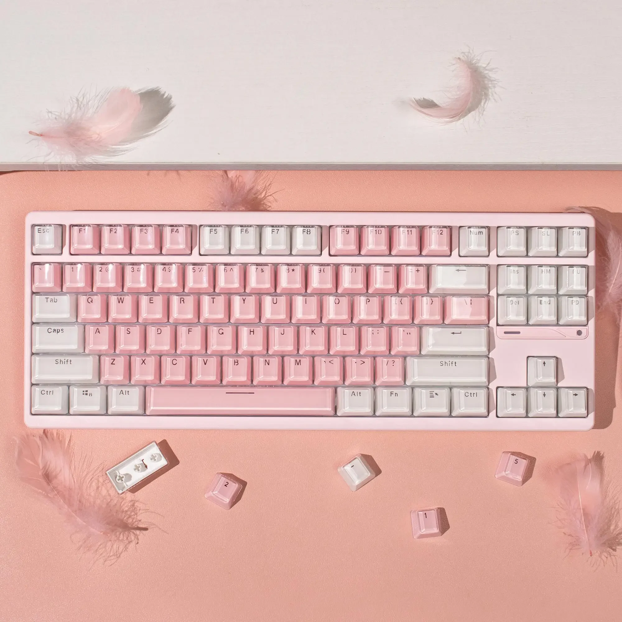 

Crystal White Pink Jelly Keycaps OEM profile 104 Keys ABS Double shot keycaps set for MX Switches Mechanical Keyboard