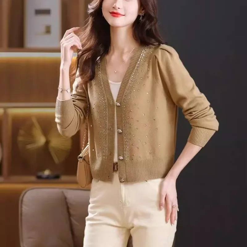 Spring Autumn 2025 Women's New Solid Color V Neck Button Rhinestone Knit Cardigan Exquisite European Youthful Elegant Trendy