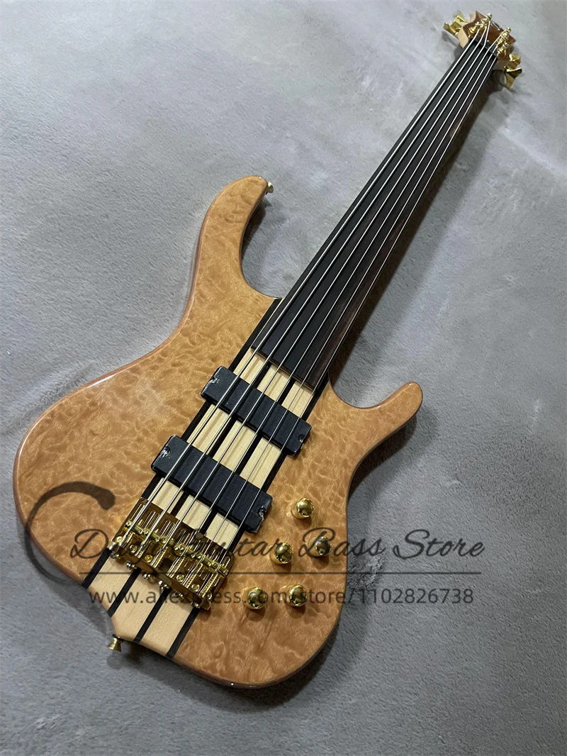 6 Strings Fretless Electric Bass SMi Guitar Squilted Maple Top Golden Bridge Active Battery  Factory Custom