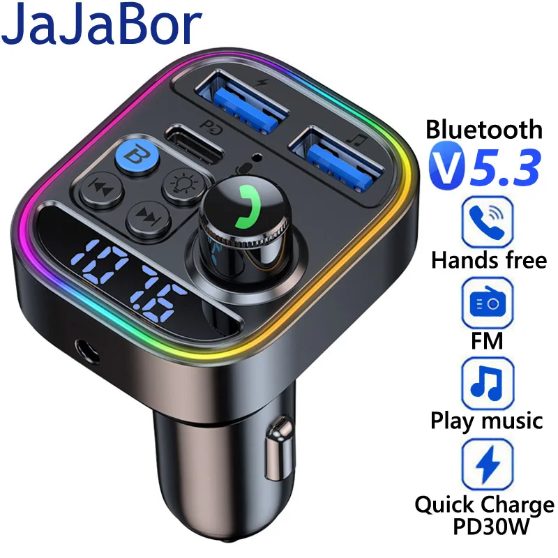 

JaJaBor FM Transmitter 3.5MM AUX Audio Receiver MP3 Player USB C PD 30W Fast Charging Car Charger Handsfree Bluetooth Car Kit