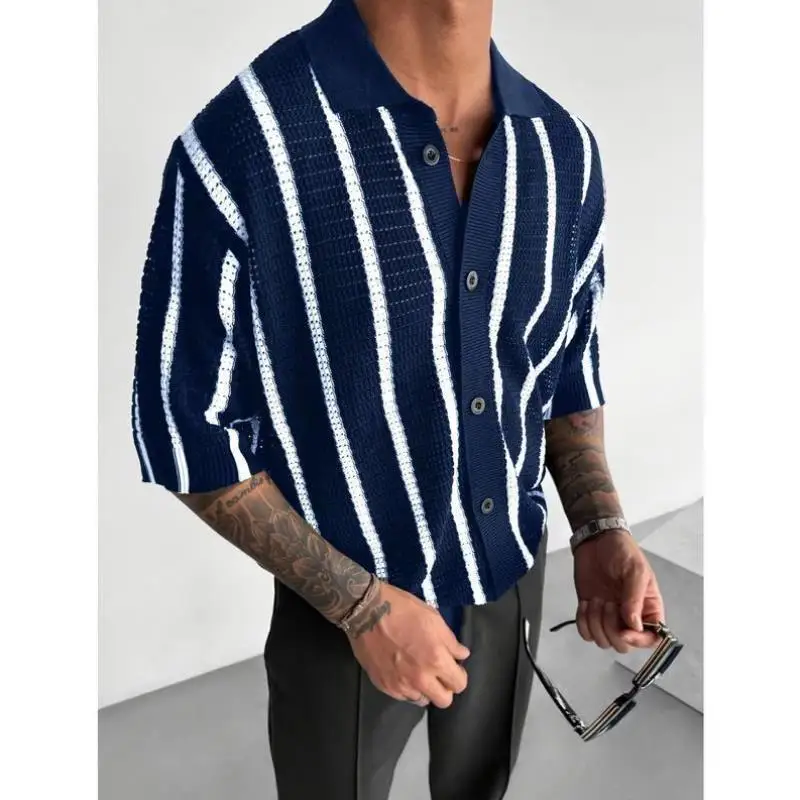 

Loose Men's Knitted Sweater Bla White Stripes New Sle Cross-Border Men's Ne Thiened Coolmax Fiber Ciwalk