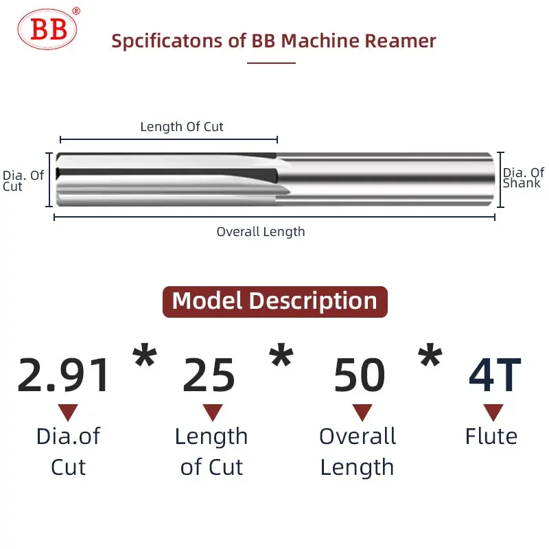 BB Machine Ruimer 2.91mm ~ 7.42mm Rechte Fluit Vhm Ongecoat Tolerantie Opspannen Metalen Cutter CNC voor Aluminium