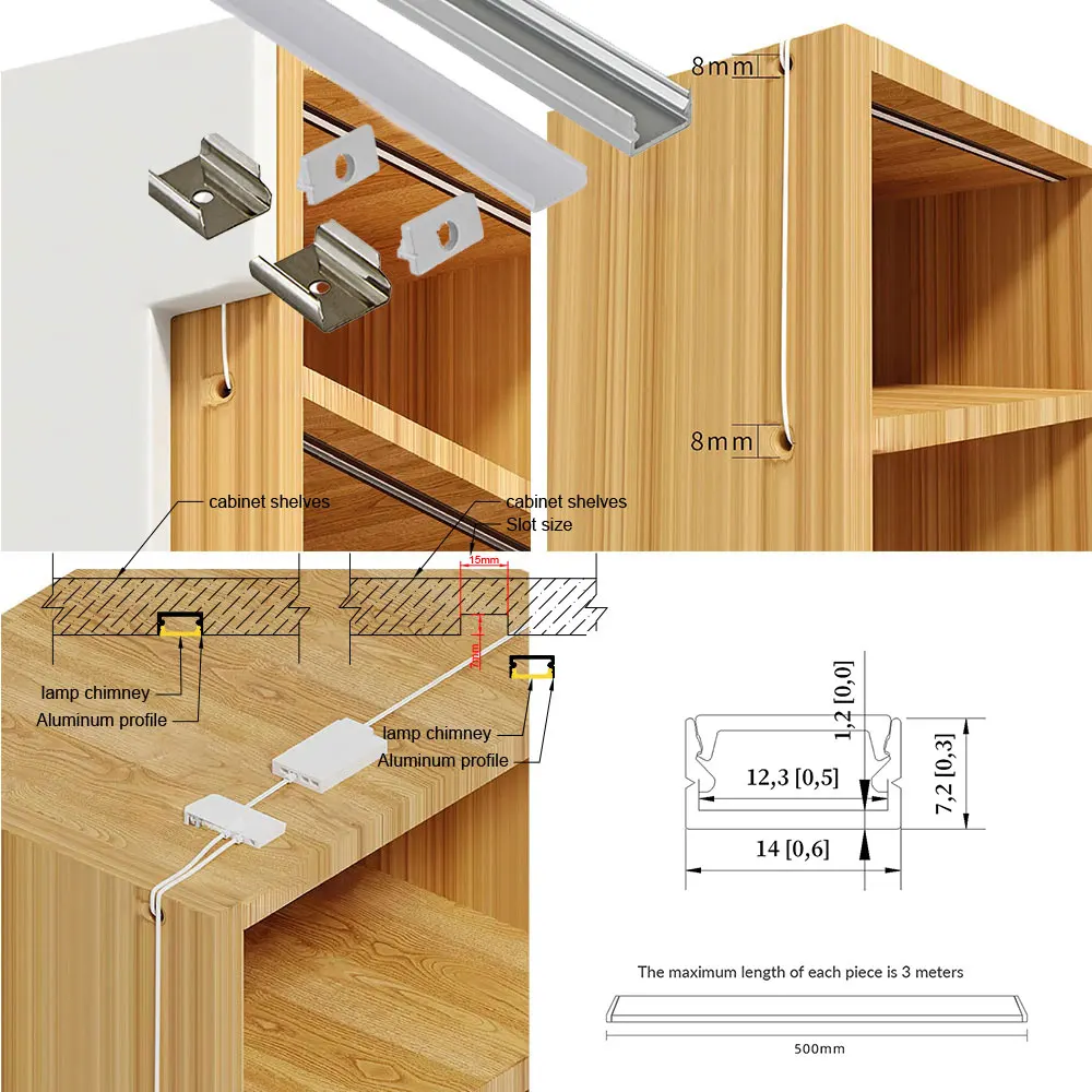 14x7mm 2PCS 0.5M Smukły rozmiar do montażu na ścianie Profil aluminiowy LED z płaską osłoną do taśmy LED Światło liniowe LED