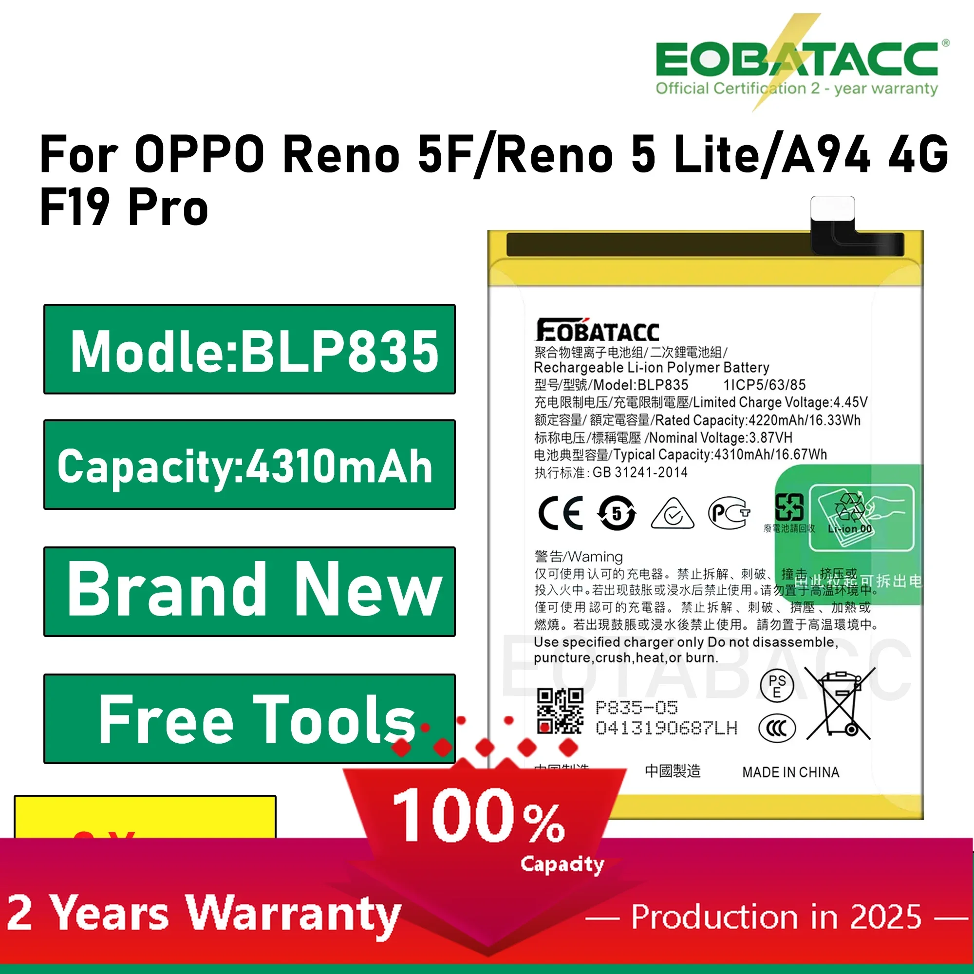 

2025 Years EOBATACC 100% NewBLP835 For OPPO Reno 5F/Reno 5 Lite/A94 4G/F19 Pro Battery +Free Tools