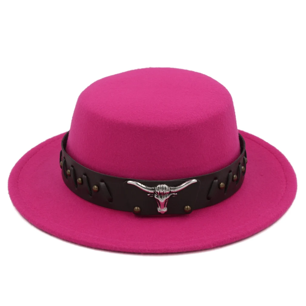 

Women's Men's Flat Top Hat Boater Cap Bowler Sailor Wide Brim Fedora Hats with Western Tauren Leather Belt