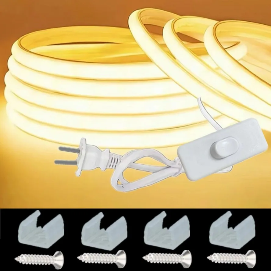 

220V 1-30M COB LED Lamp Strip 288LEDs/m RA90 Outdoor IP65 Waterproof Switch/Dimmable Power EU Plug FOB LED Tape Bedroom Lighting