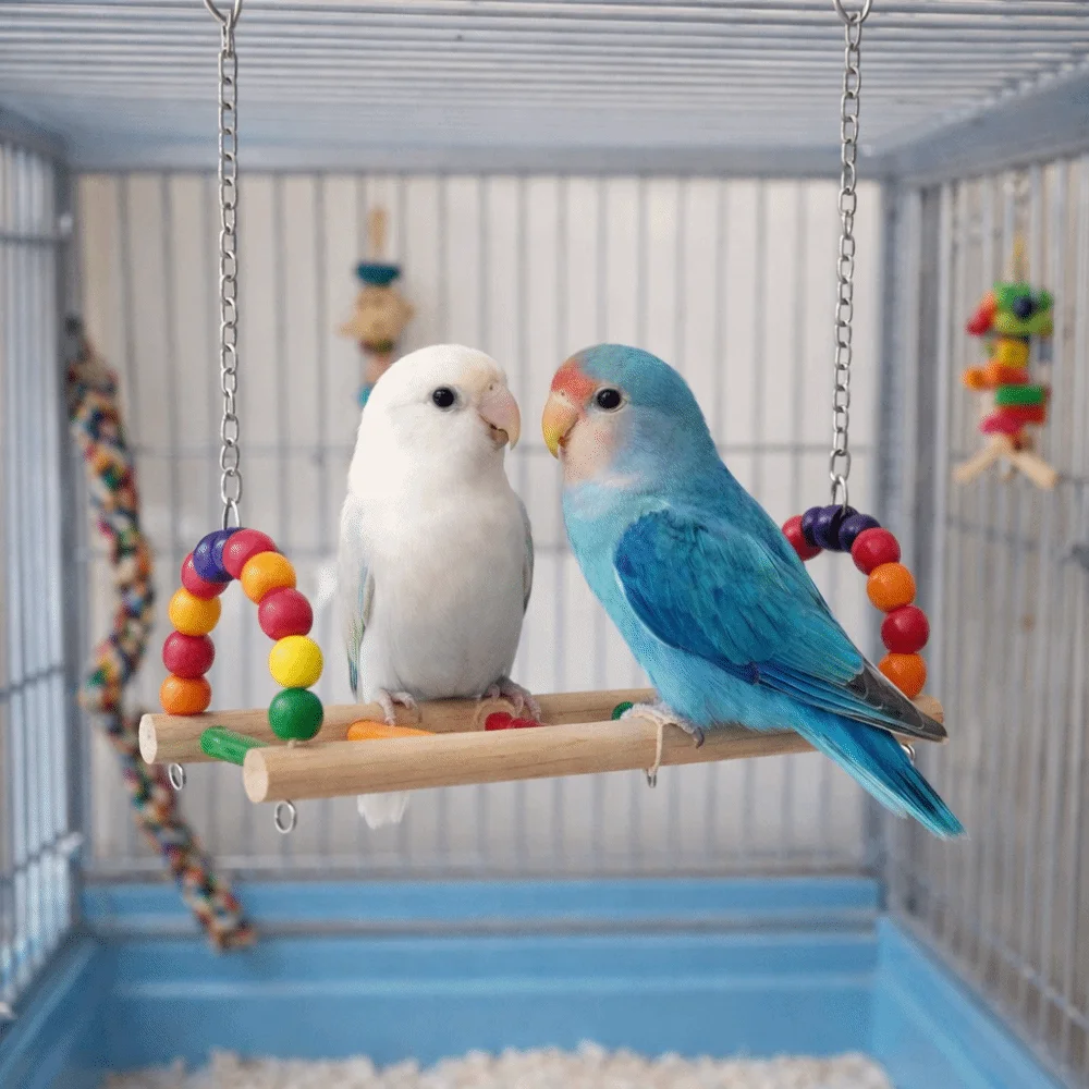 Multi Functional Bite Resistant Parrot Swing Colorful Hanging Beads Bird Wooden Chewing Training Interaction