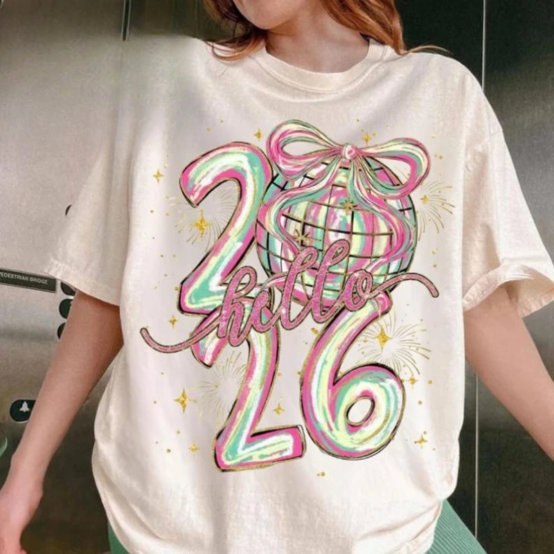 Coquette Hello Happy 2026 New Chapter Unisex Shirt Brushstroke New Year Disco Ball Hand Drawn Crewneck Printed T-shirt Tops