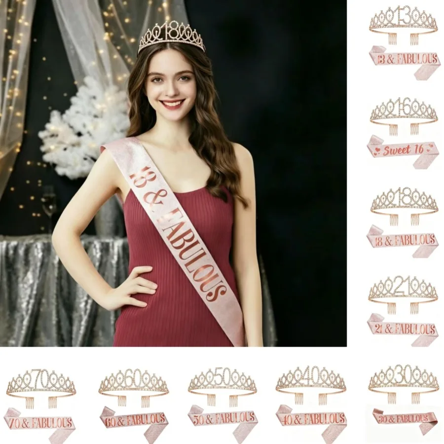 Birthday Sash and Crown for Women 13th 16th 18th 21th 30th 40th 50th 60th 70th Party Favor Gifts Decoration