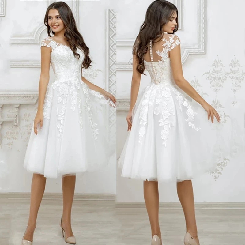 Elegante Branco Tule Applique Vestido, Em Torno Do Pescoço, Manga Curta, A Linha, Na Altura do Joelho, Nupcial, Casamento,