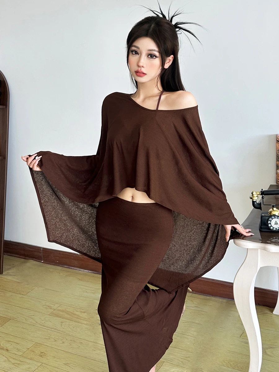 Weird Puss Ensemble Faion pour femme Taille haute Slim Fit Gilet Ne Hanging oulder Baring Top et jupe Tee Piece Automne Casual...