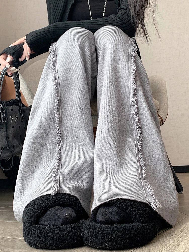 Autumn/Winter Knitted Fringe Straight Wide-Leg Trousers Women Casual Solid Design Sense Floor-Length Trousers Pregnancy