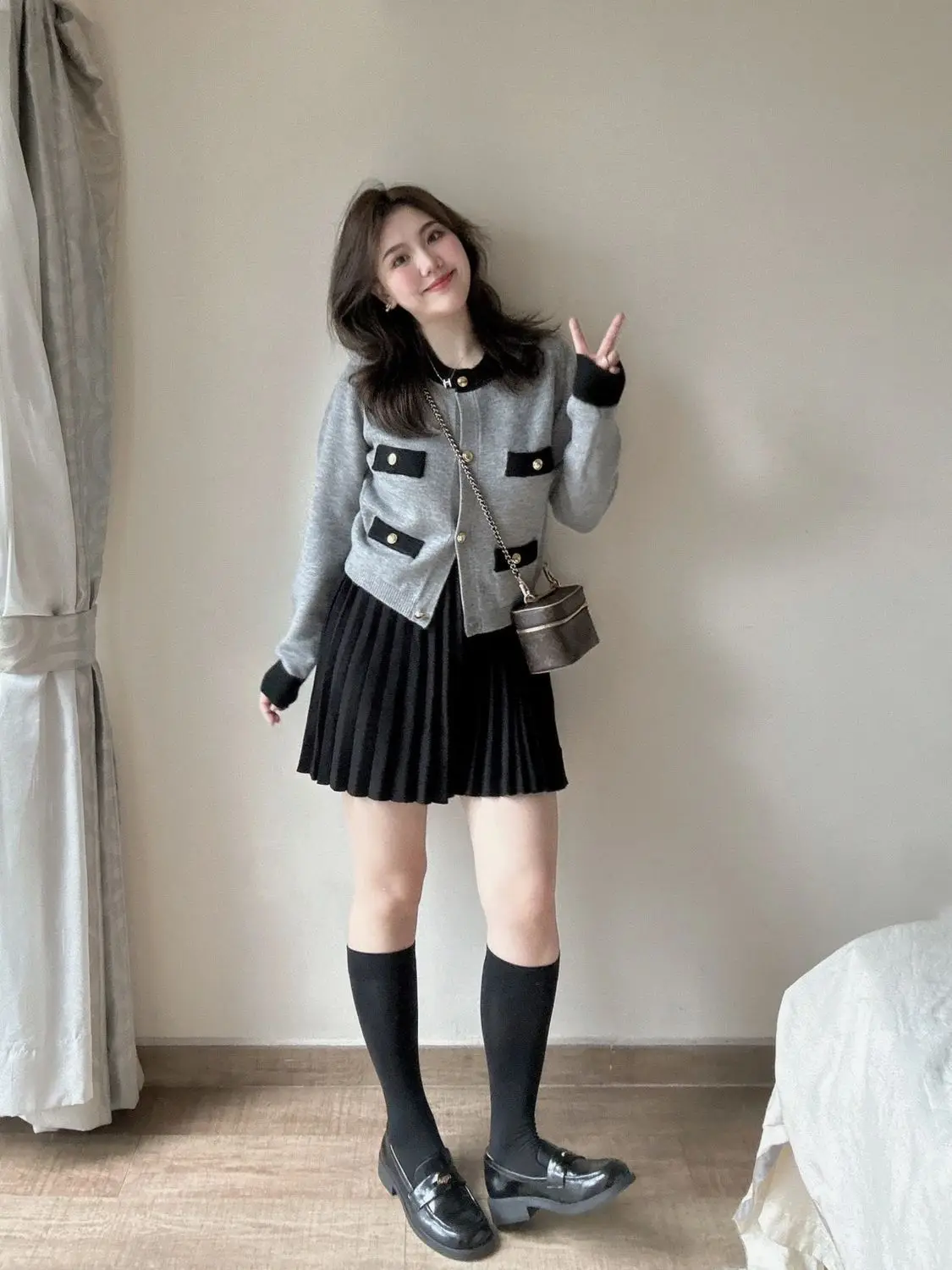 French Elegance Office Lady Short Jacket Full Sleeve Knitted Cardigan Women Autumn New Gray Outer Top Sweater Coat Korean Style