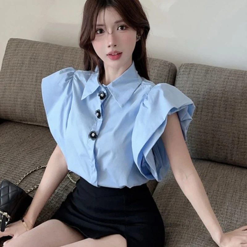 Summer Retro French Design Feeling Niche High-end Short Sleeved Shirt Fashion Temperament Young Style Solid Color Women\'s Top