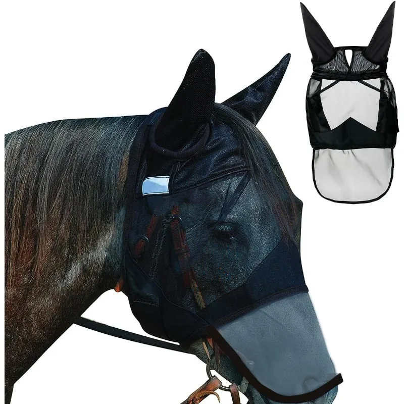 Máscara de mosca de caballo Máscara de mosca de caballo Máscara antimoscas para caballos Protección UV Máscara de mosca de caballo Máscara de mosca de caballo con protección de oídos y nariz-L