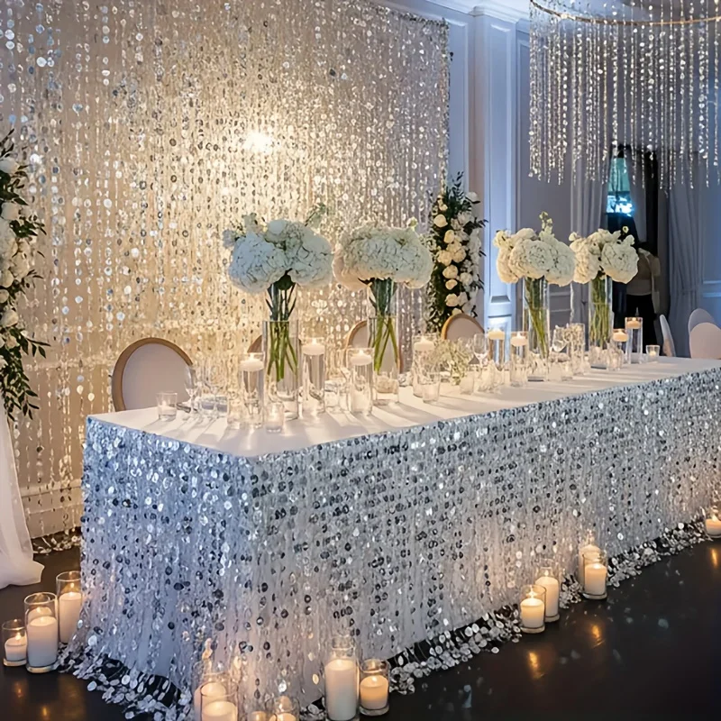 12 Stück Pailletten-Vorhang, silberfarben, glitzernd, hängende Dekorationen, 100 cm lang, für Hochzeitshintergrund, Party-Dekoration, Raumteiler – Detail 1