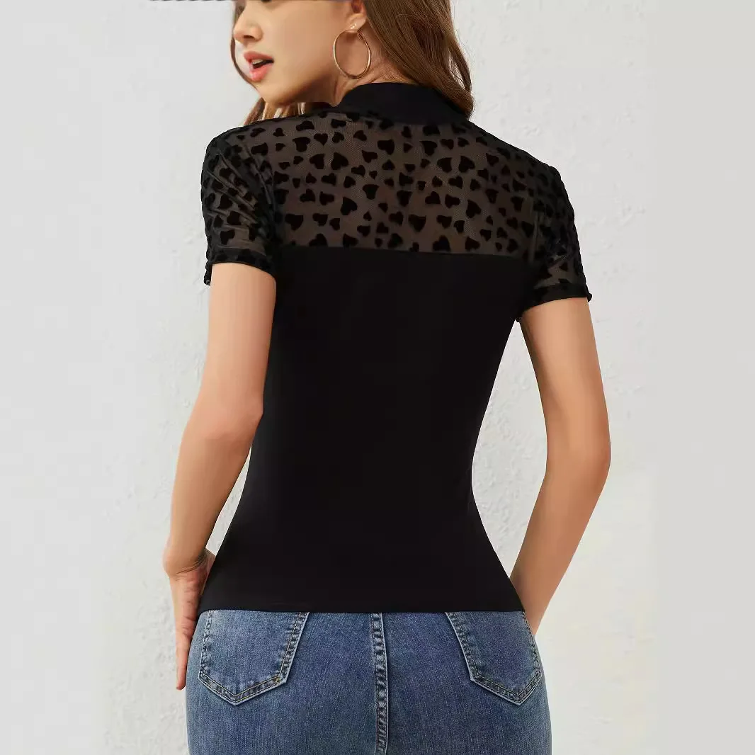 2026 New Summer Style Mesh Love Stitching Short-sleeved Small Stand-up Collar Fashionable Slim T-shirt Top with Feminine Feel