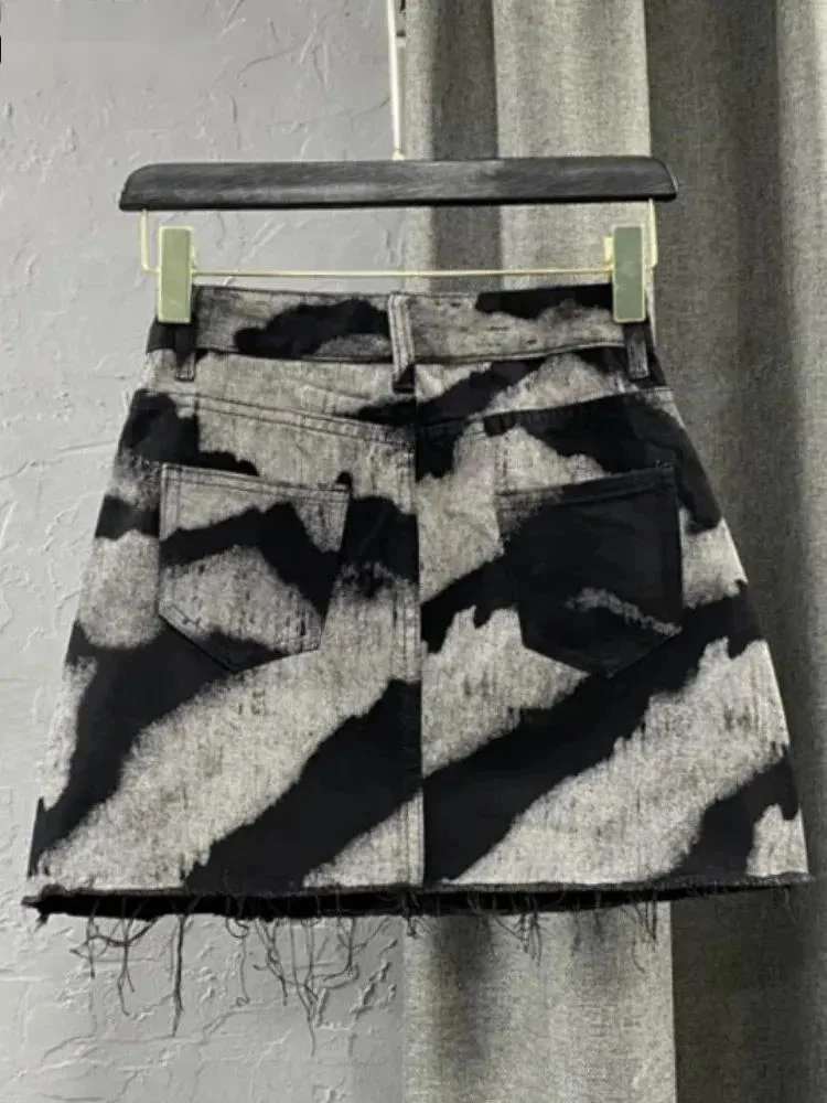 Gray Tie Dye Printing Fashion Denim Mini Skirts Women High Waist Button Pocket A-line Jean Skirts Sexy Y2K Streetwear Y207