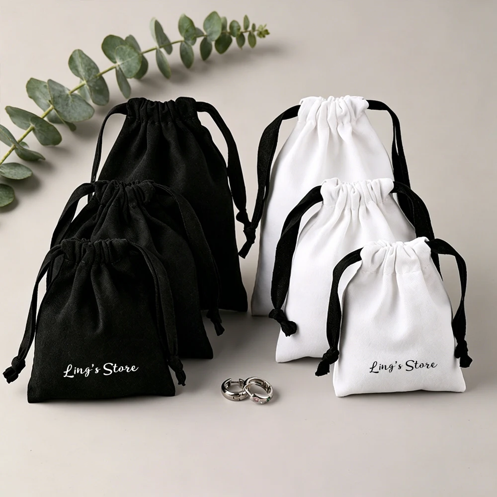 

100Pcs Custom Logo White Black Cotton Drawstring Bag Canvas Muslin Jewelry Packaging Pouch Shopping Cosmetic Gift Organizer Sack