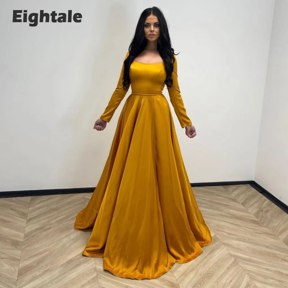 

Eightale Gold Evening Dresses Satin Formal Prom Dresses Scoop Long Sleeves A-Line Ladies Dresses for Special Occasions