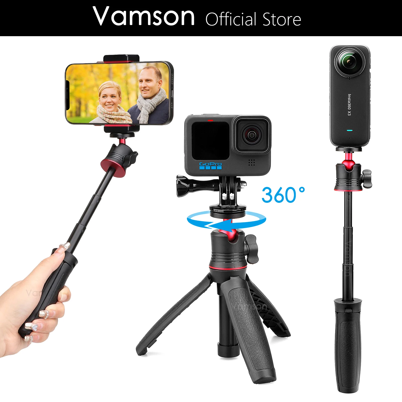 Vamson Tripod for Gopro Hero 11 10 Black Mini Portable Selfie Stick Monopod Mount Accessories for Insta360 X3 ONE X2 Dji Camera