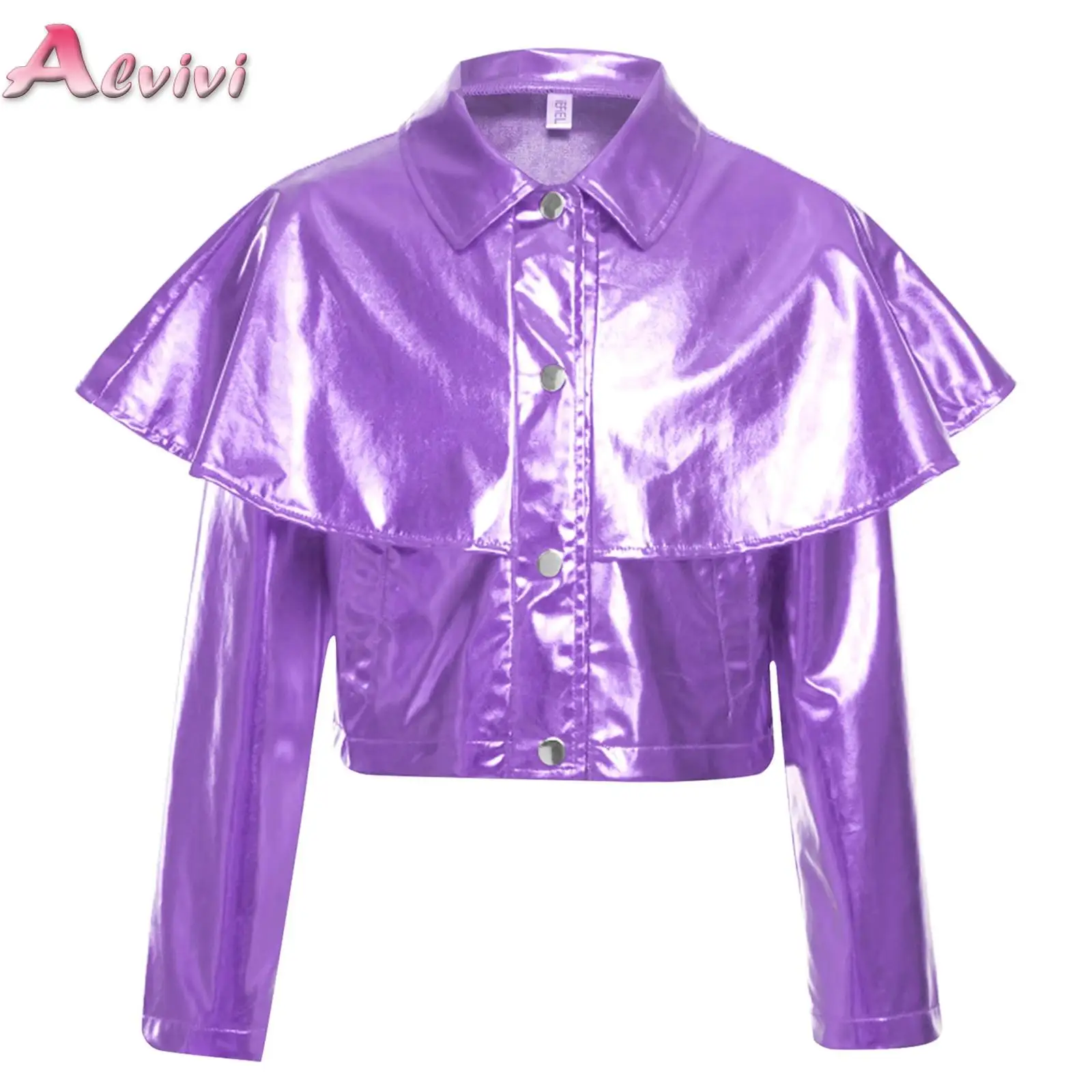 

Kids Girl Metallic Gloss Bomber Jacket Turn Down Collar Long Sleeve Buttons Coat for Disco Hip-hop Jazz Astronaut Theme Parties
