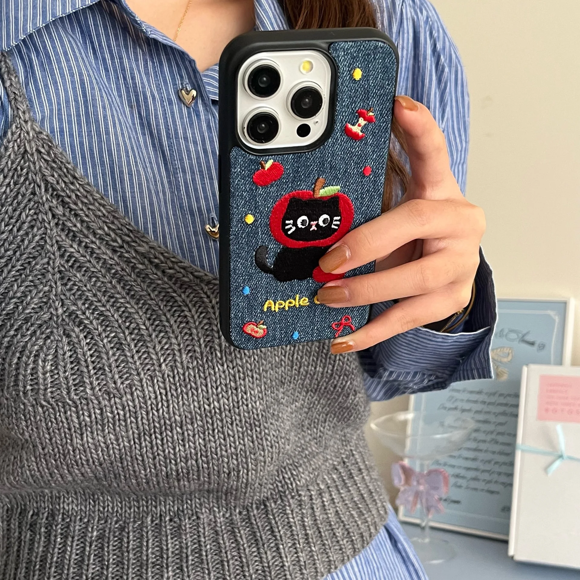 Embroidered Cat Denim Phone Case For iPhone 16 15 14 13 Pro Max Full Cover