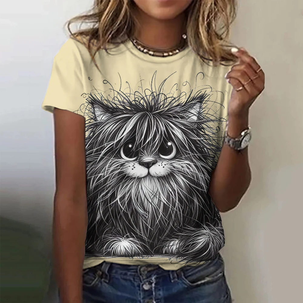 Summer Line Art Animal Cat Dog 3D Print T-shirts Women Streetwear Fashion Y2k Short Sleeve T Shirt O-neck Tees Tops Clothing